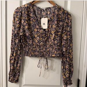 Elodie Navy Floral Long Sleeve Crop Blouse